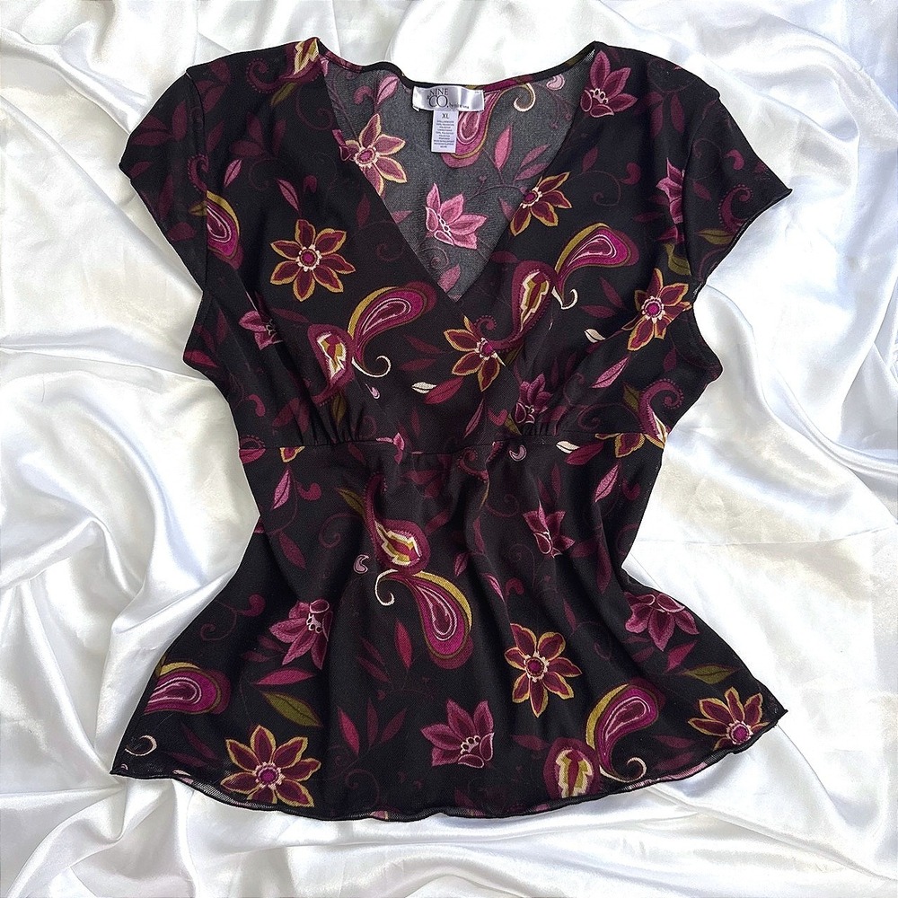 Nine & Co Nine West Paisley Floral Mesh V-Neck Empire Waist Blouse Top Black XL